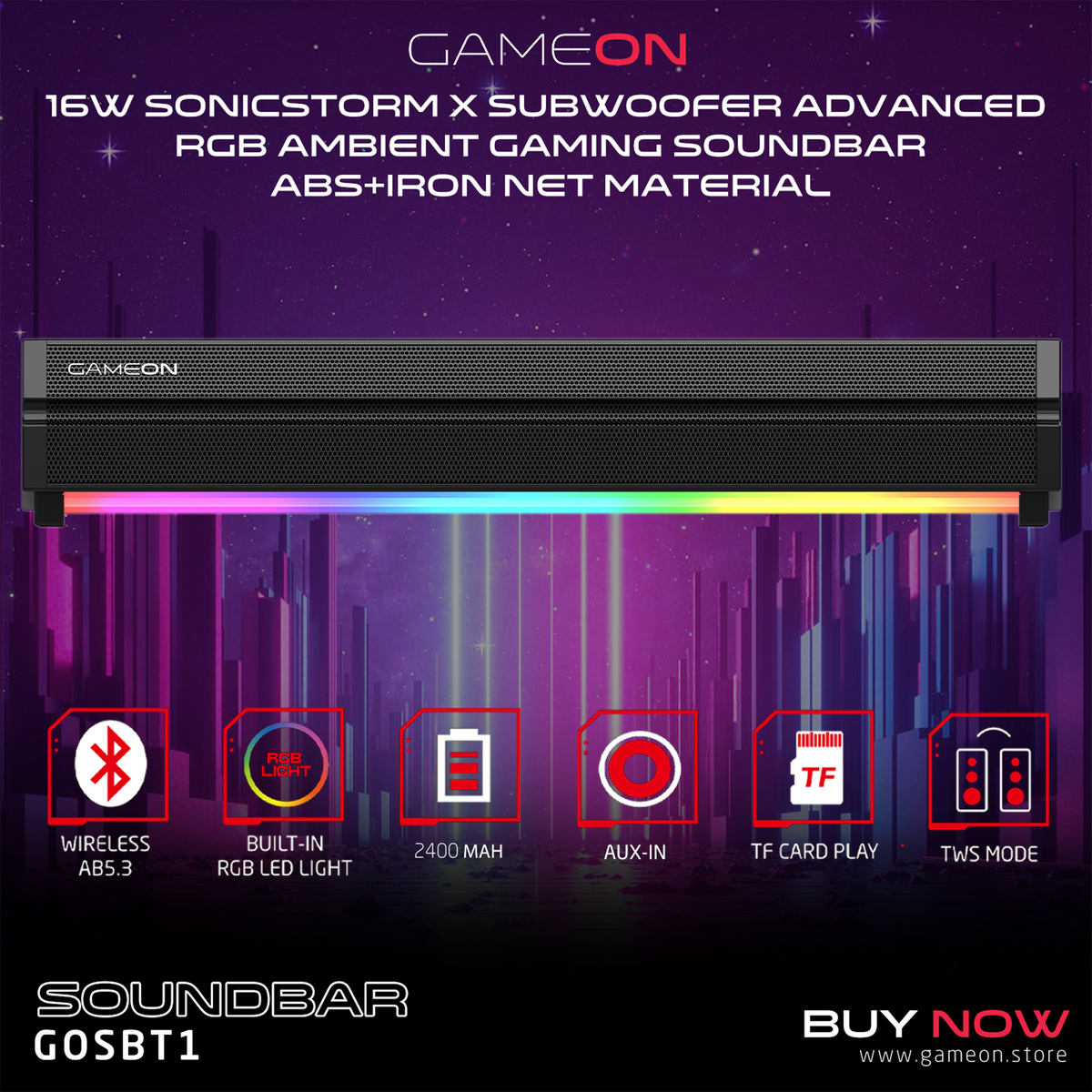 GAMEON Sonicstorm X Wireless RGB Gaming Soundbar - Black