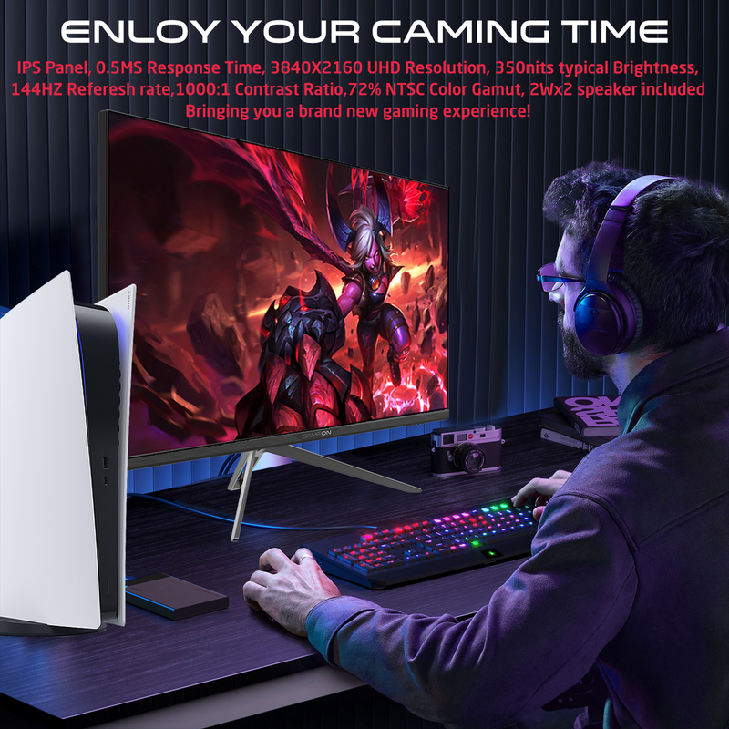 GAMEON GOP32UHD144IPS Gaming Monitor, 32 Inch, Computer Monitors, UHD, 3840x2160, 144Hz OD, MPRT 0.5ms, HDR, HDMI 2.1, Fast IPS, VESA and Tilt, Metal stand, Support PS5 - Black