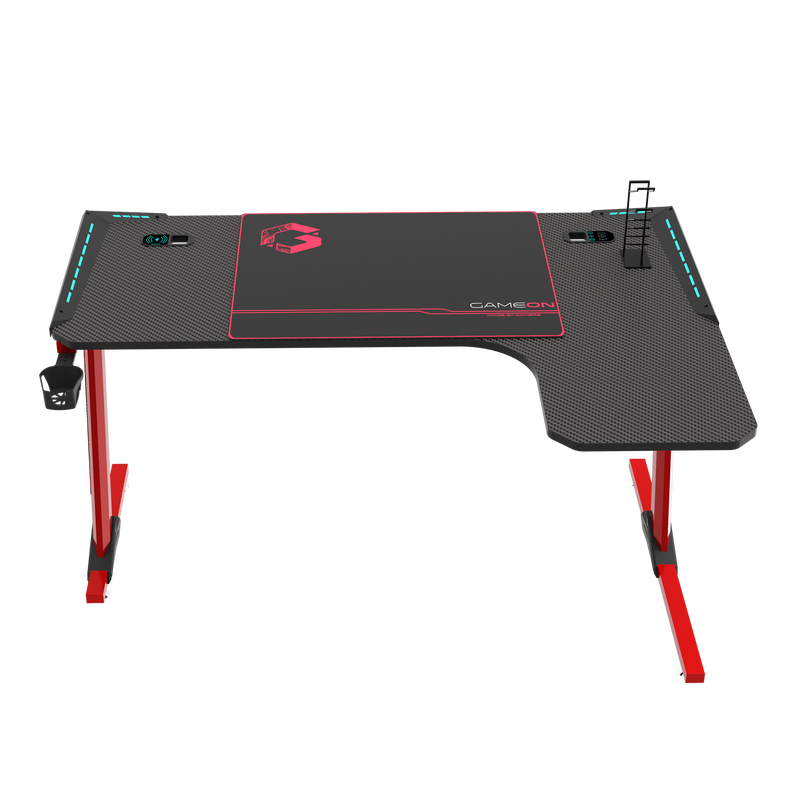 GAMEON Phantom XL-R Series L-Shaped RGB Flowing Light Gaming Desk With Mouse pad, Headphone Hook, Cup Holder, Cable Management, Gamepad Holder, Qi Wireless Charger & USB Hub - Black