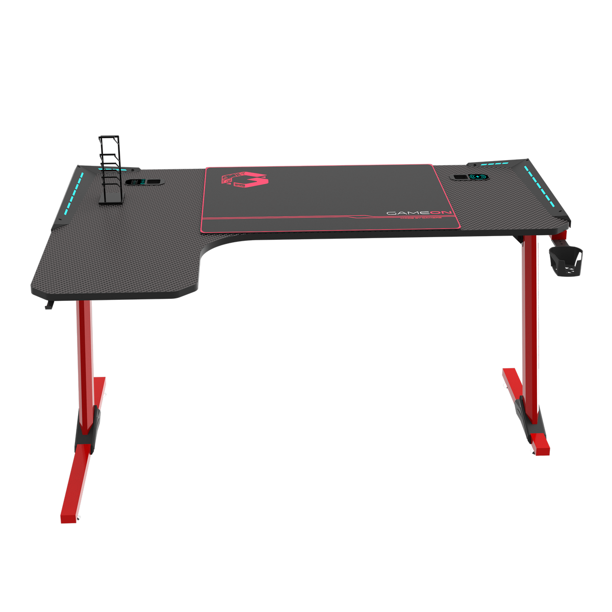 GAMEON Phantom XL-L Series L-Shaped RGB Flowing Light Gaming Desk With Mouse pad, Headphone Hook, Cup Holder, Cable Management, Gamepad Holder, Qi Wireless Charger & USB Hub - Black