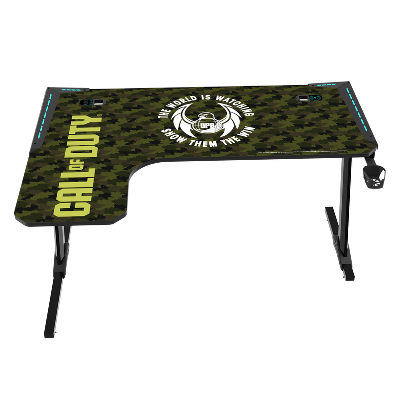 Call Of Duty (COD) Phantom XL-L Series L-Shaped RGB Flowing Light Gaming Desk With Mouse pad, Headphone Hook, Cup Holder, Cable Management, Gamepad Holder, Qi Wireless Charger & USB Hub - Black/Green