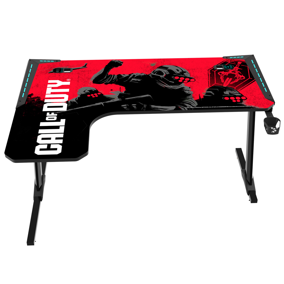 Call Of Duty (COD) Phantom XL-L Series L-Shaped RGB Flowing Light Gaming Desk With Mouse pad, Headphone Hook, Cup Holder, Cable Management, Gamepad Holder, Qi Wireless Charger & USB Hub - Black/Red