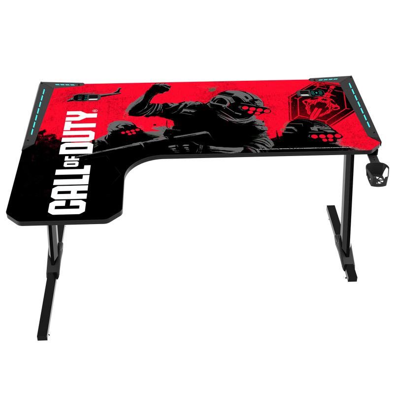 Call Of Duty (COD) Phantom XL-L Series L-Shaped RGB Flowing Light Gaming Desk With Mouse pad, Headphone Hook, Cup Holder, Cable Management, Gamepad Holder, Qi Wireless Charger & USB Hub - Black/Red