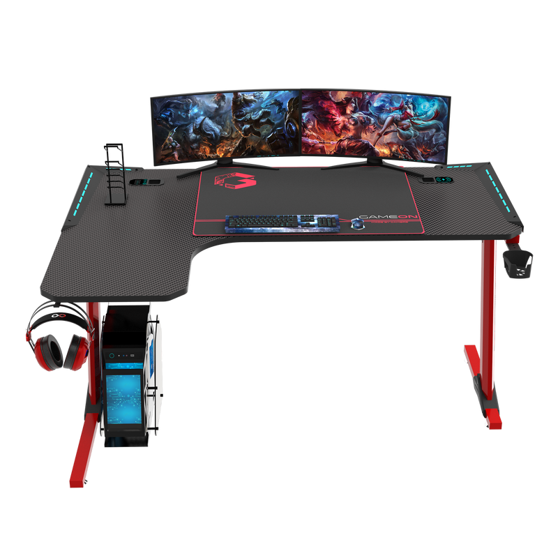 GAMEON Phantom XL-L Series L-Shaped RGB Flowing Light Gaming Desk With Mouse pad, Headphone Hook, Cup Holder, Cable Management, Gamepad Holder, Qi Wireless Charger & USB Hub - Black