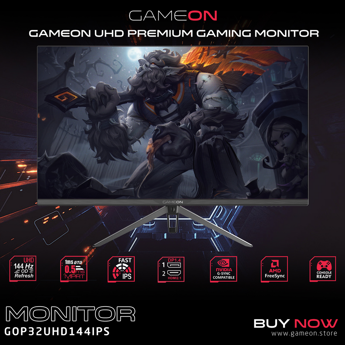 GAMEON GOP32UHD144IPS Gaming Monitor, 32 Inch, Computer Monitors, UHD, 3840x2160, 144Hz OD, MPRT 0.5ms, HDR, HDMI 2.1, Fast IPS, VESA and Tilt, Metal stand, Support PS5 - Black