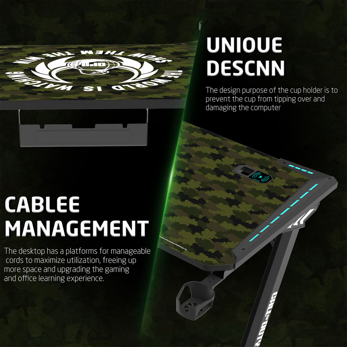 Call Of Duty (COD) Phantom XL-L Series L-Shaped RGB Flowing Light Gaming Desk With Mouse pad, Headphone Hook, Cup Holder, Cable Management, Gamepad Holder, Qi Wireless Charger & USB Hub - Black/Green