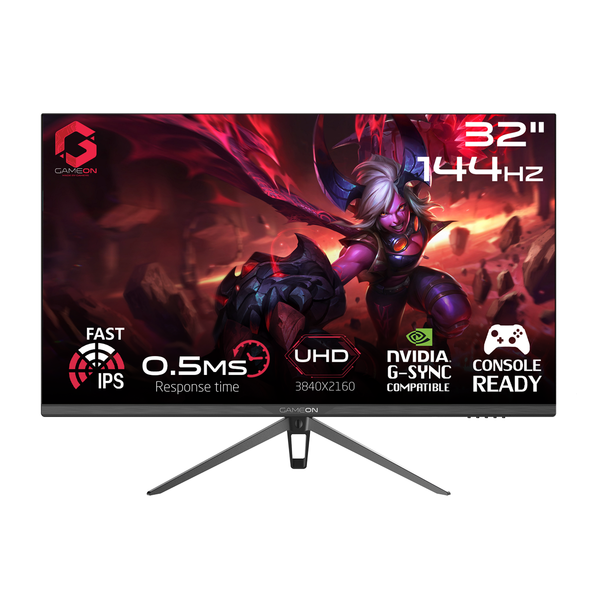 GAMEON GOP32UHD144IPS Gaming Monitor, 32 Inch, Computer Monitors, UHD, 3840x2160, 144Hz OD, MPRT 0.5ms, HDR, HDMI 2.1, Fast IPS, VESA and Tilt, Metal stand, Support PS5 - Black