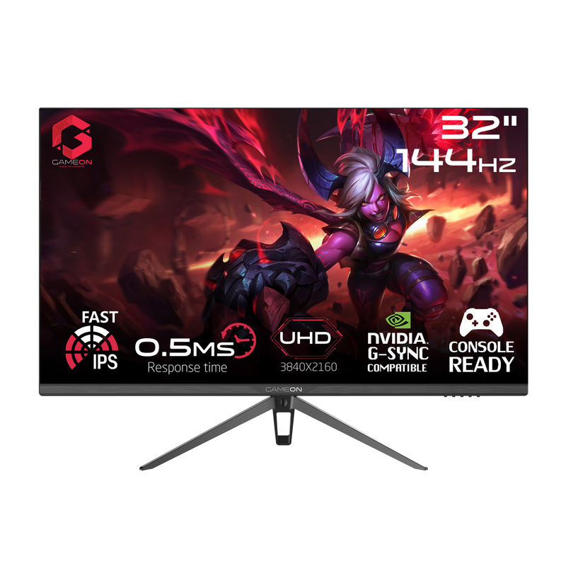 GAMEON GOP32UHD144IPS Gaming Monitor, 32 Inch, Computer Monitors, UHD, 3840x2160, 144Hz OD, MPRT 0.5ms, HDR, HDMI 2.1, Fast IPS, VESA and Tilt, Metal stand, Support PS5 - Black