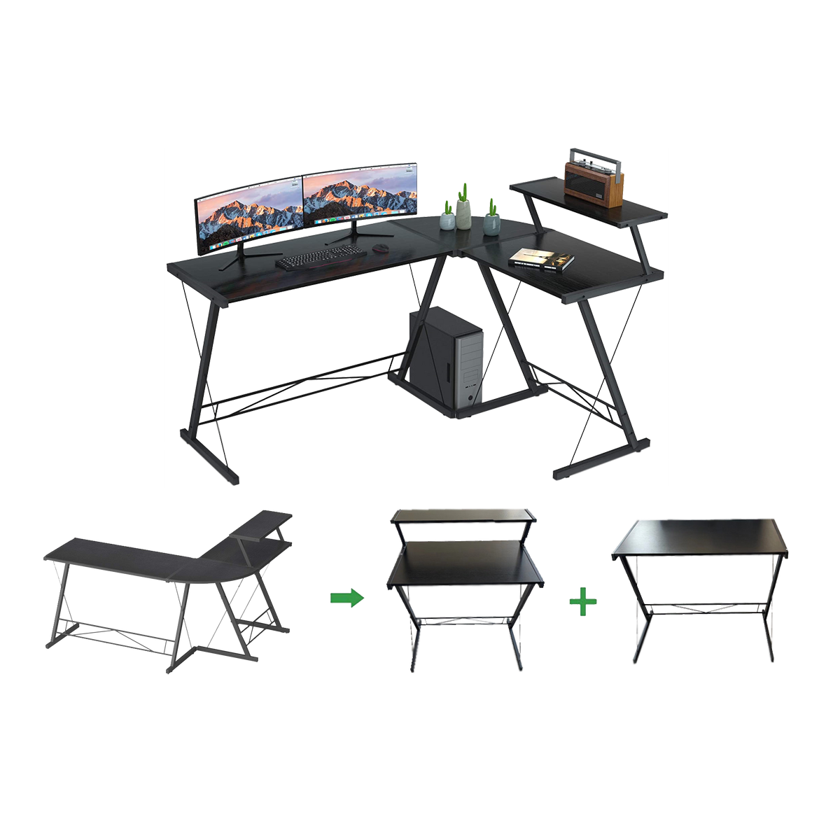 GAMEON 3 in 1 L-Shaped Slayer II XL Series Gaming Desk (Size: 150*112*74cm & Table top 100*48cm + 60*48cm) With Accessories Stand - Black